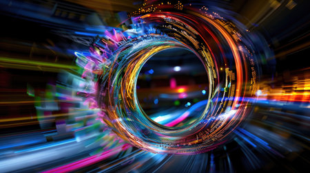 Abstract swirl of light and dark hues creating a vibrant vortex of motion and energy in a digital backgroundの素材