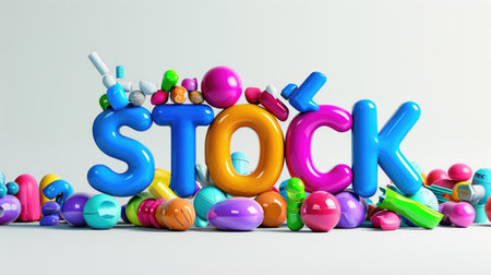Bold and vibrant 3D word "STOCK" with modern colorful typography on white backgroundの素材