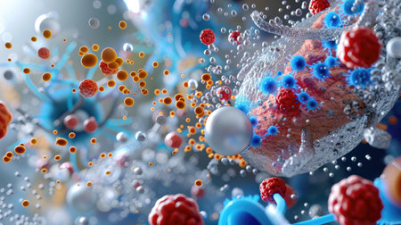 Detailed close-up of a biological cell filled with small glowing blue and red spheres under a microscopeの素材