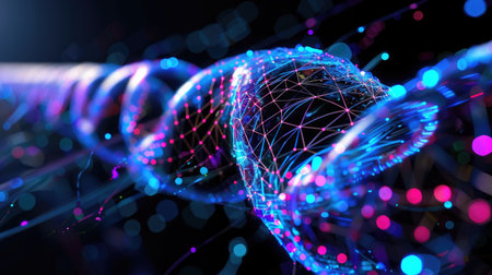 Blue and purple wire structure with glowing digital dots flowing along its length, abstract tech styleの素材