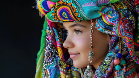 Portrait of young Uzbek woman in traditional dress and headscarf, jewelry, cultural pride, looking to sideの素材