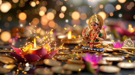 Traditional Indian art of Lakshmi surrounded by lights, coins, and lotus blossomsの素材