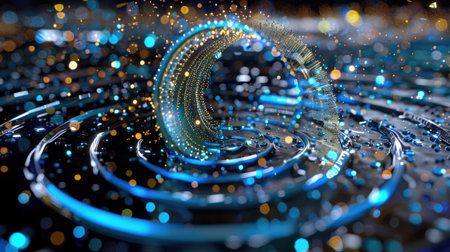 Abstract 3D blue spiral surrounded by sparkles, representing energy flow or digital creativityの素材