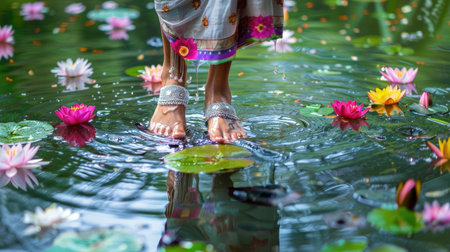 Woman in saree standing barefoot in pond, silver anklets near floating water lilies, rippling waterの素材