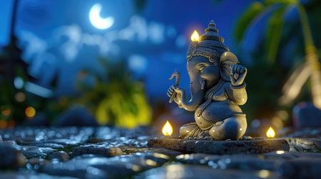 Serene temple scene with glowing Ganesha statue lit by moon, devotional art, religious serenity at nightの素材