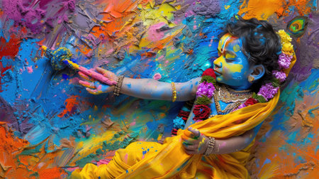 Toddler Krishna with divine glow reaching for mother sari, symbolizing devotion and loveの素材