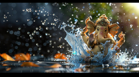 Artistic render of Ganesha with water droplets and divine aura, spirituality in motionの素材