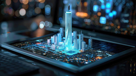 Futuristic cityscape on computer screen with tall glowing structure in center, smart city conceptの素材