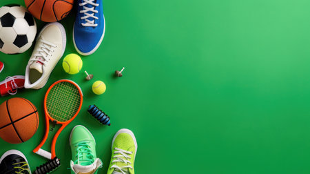 Top view of mixed sports gear: football, basketball, tennis, sneakers on green background, active lifestyle themeの素材