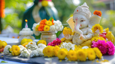 Festive scene of baby Ganesha with floral offerings, cultural celebration of divinityの素材