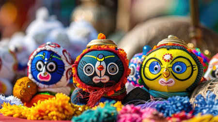 Close-up of Jagannath, Balabhadra, and Subhadra dolls used in Indian religious rituals and festivalsの素材