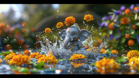 Artistic baby Ganesha surrounded by marigolds and water splash, joyful festival atmosphereの素材