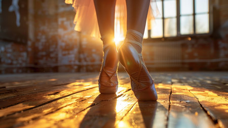 Ballerina in pointe shoes practicing on wooden studio floor, graceful pose in soft lightの素材