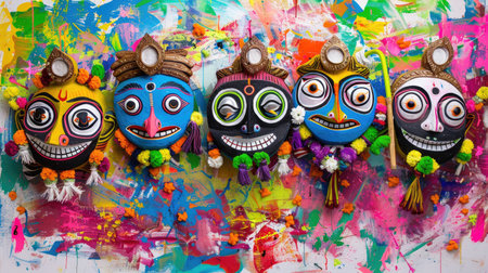 Traditional Jagannath deity artwork with colorful chariot procession from Odisha, Indiaの素材