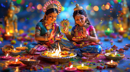 Hindu goddess Lakshmi blessing devotees with prosperity, traditional Indian art and Diwali lightsの素材