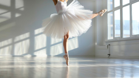 Ballet dancer in tutu mid-pose during rehearsal, focus on movement and eleganceの素材