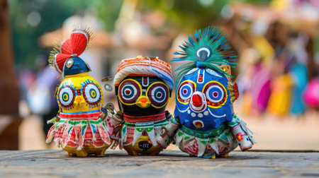 Close-up of Jagannath, Balabhadra, and Subhadra dolls used in Indian religious rituals and festivalsの素材