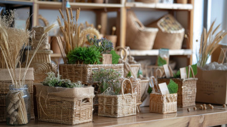 Natural wicker baskets, handmade and beautifully arranged, rustic decor for cozy homesの素材
