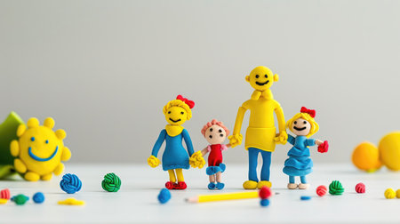 Happy family made of modeling clay, joyful DIY figures of parents and children on whiteの素材