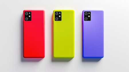 Set of three colorful smartphones, blank screens ready for mockups, isolated on whiteの素材