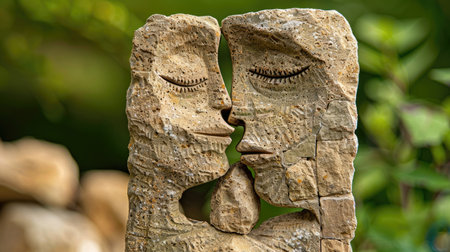 Close-eyed couple in carved stone, peaceful embrace with emotional depth and simplicityの素材