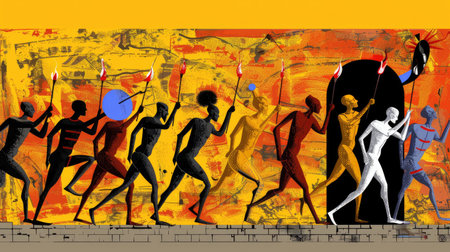 Black-figure style illustration of torch runners, ancient Greek sports conceptの素材