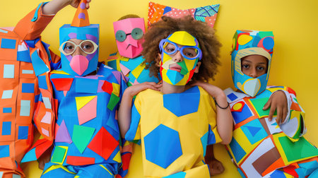 Colorful DIY dress-up fun with kids in paper suits and vibrant cardboard accessoriesの素材