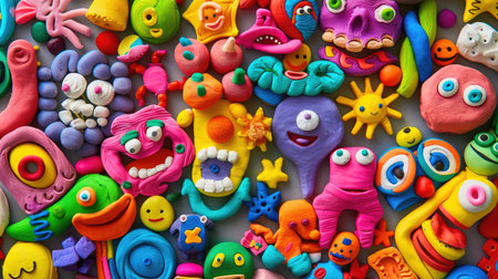 A mix of creative kids clay crafts, bright and imaginative plasticine art from above, isolatedの素材