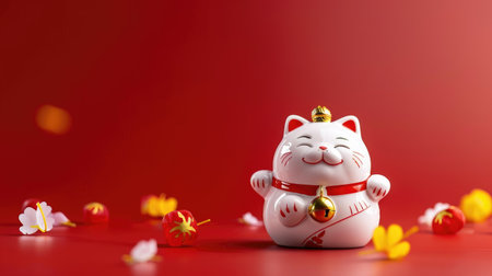 Smiling white lucky cat promises happiness and luck, decorative charm on clean backgroundの素材