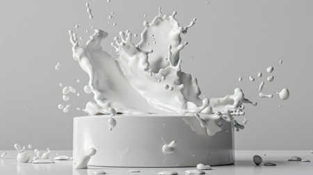 Minimal white podium surrounded by dynamic splash of milk, clean dairy or beauty conceptの素材