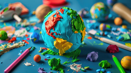 Planet Earth made of plasticine, colorful continents for educational or children learning themesの素材