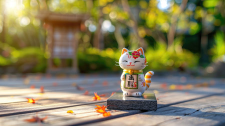 Cute Maneki Neko cat figurine beckoning good fortune, traditional Japanese charmの素材