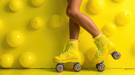Woman's legs wearing roller skates, colorful and energetic scene on bold yellowの素材
