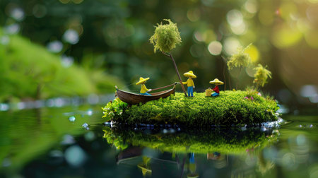 Tiny gardeners travel across floating islands of green, surreal and peaceful micro-worldの素材