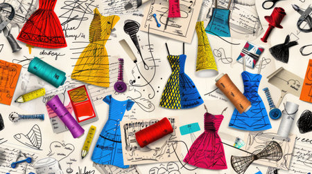 Seamless sewing design with sketched dresses and paper patterns, retro textile inspirationの素材