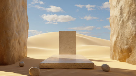 Showcase platform in arid desert setting, surrounded by sand dunes and warm golden tonesの素材