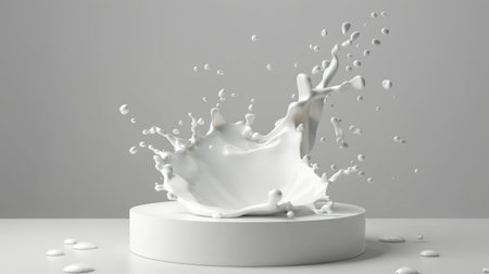 Minimal white podium surrounded by dynamic splash of milk, clean dairy or beauty conceptの素材