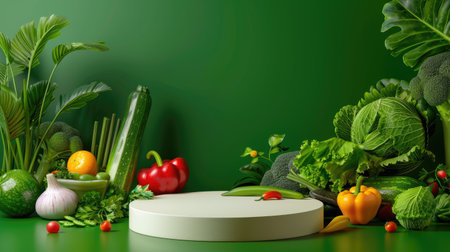 Empty display podium with vivid veggie background, natural produce conceptの素材