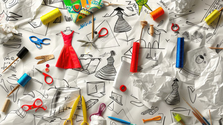 Seamless sewing design with sketched dresses and paper patterns, retro textile inspirationの素材