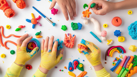 Bright modeling clay and small hands creating fun DIY figures, isolated on whiteの素材