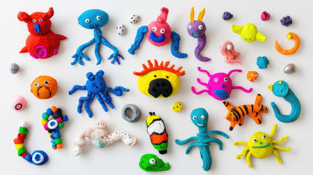 A mix of creative kids clay crafts, bright and imaginative plasticine art from above, isolatedの素材
