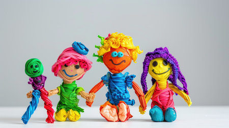 Small plasticine children: boy and girls in vibrant DIY modeling style, isolated for kids creative craftsの素材