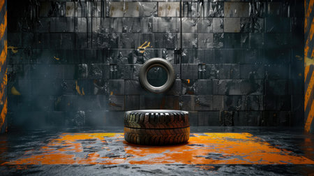 Car wheel podium centered in gritty dark scene, industrial texture and bold showcaseの素材
