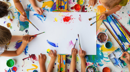Kids gathered around blank easel with art tools, expressing creativity through paintingの素材