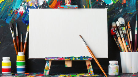 Blank easel surrounded by paintbrushes, pencils and art supplies, ready for creative expressionの素材