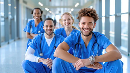 Smiling medical students in scrubs and lab coats, university hallway, team learning conceptの素材