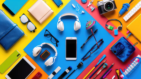 Modern tech gadgets including smartphone, headphones, and tablet arranged on bold backgroundの素材
