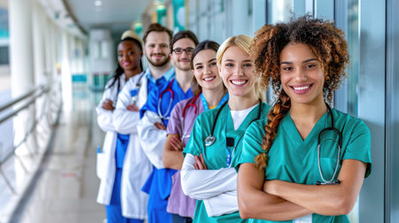Smiling medical students in scrubs and lab coats, university hallway, team learning conceptの素材