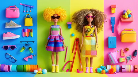 Stylish dolls display colorful wardrobe sets, fashionable and fun outfit combinations for girlsの素材