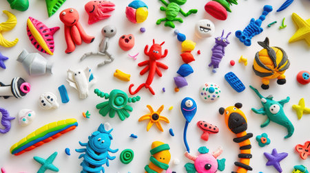 Top view of colorful handmade plasticine animals, objects and shapes on white backgroundの素材